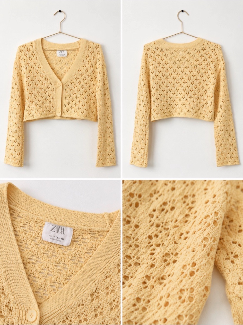 Zara Cropped Openwork Knit Sweater - Pale Yellow